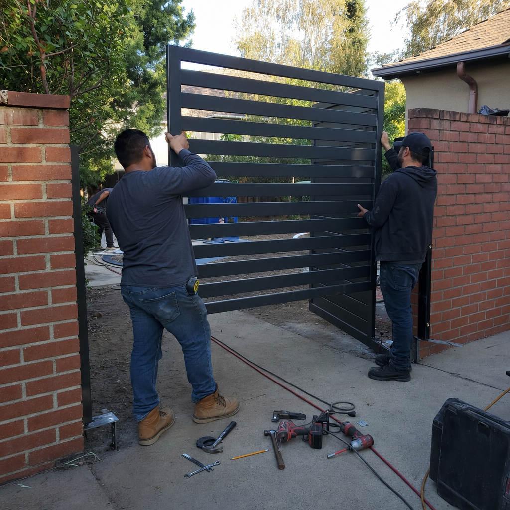 Men installing a modern horizontal slat metal gate