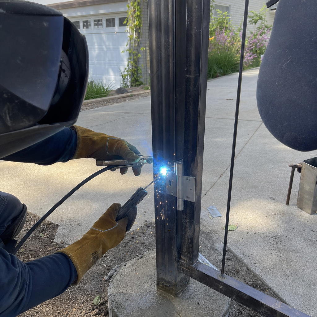 Welder installing gate hinge with sparks flying