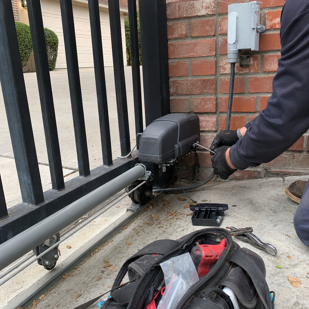 Gate motor and opener repair service with technician and tools