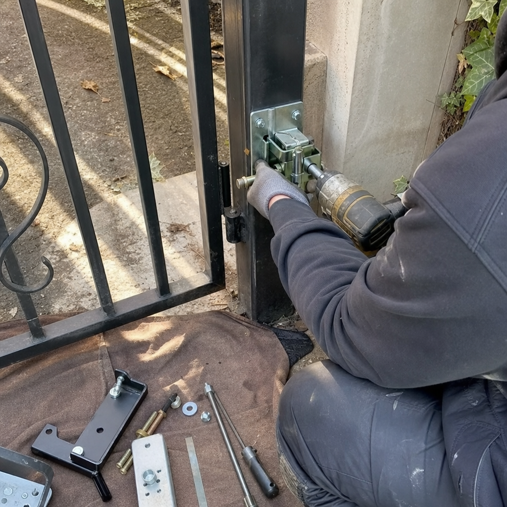 Gate repair technician installing new gate latch with a drill
