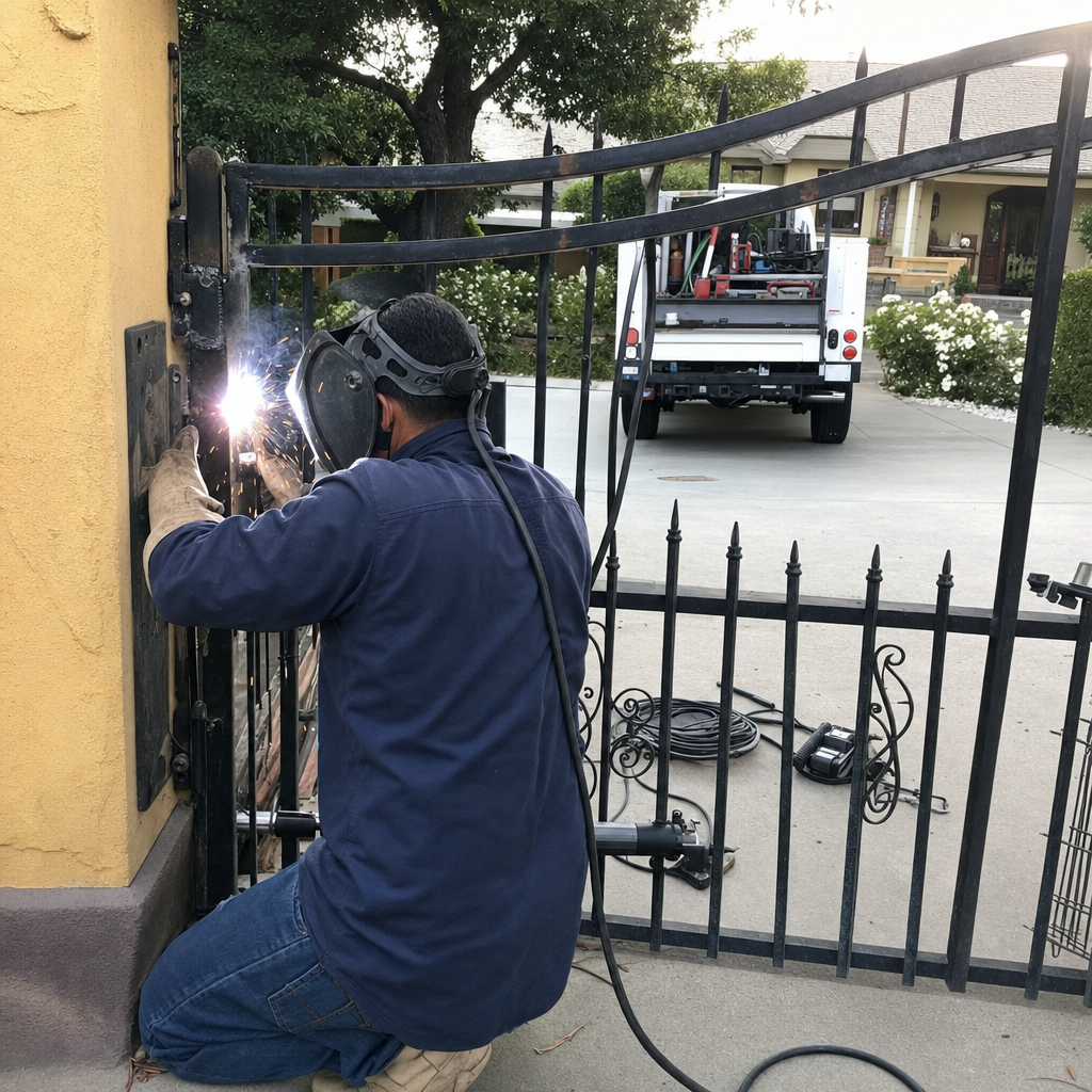 Welder repairing a black metal gate with sparks flying.