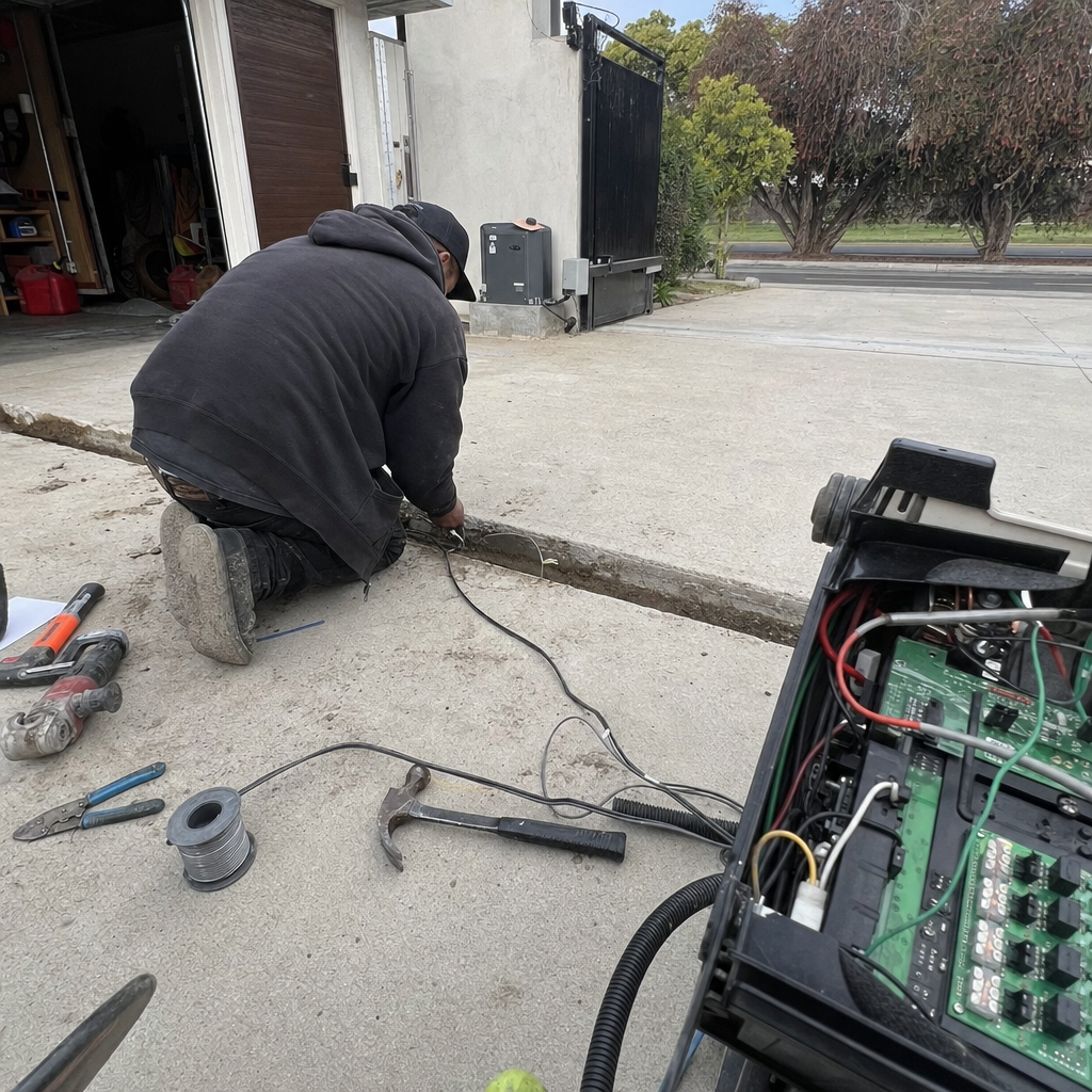 Gate access control technician wiring repairs for automated gate system in Santa Clara, CA